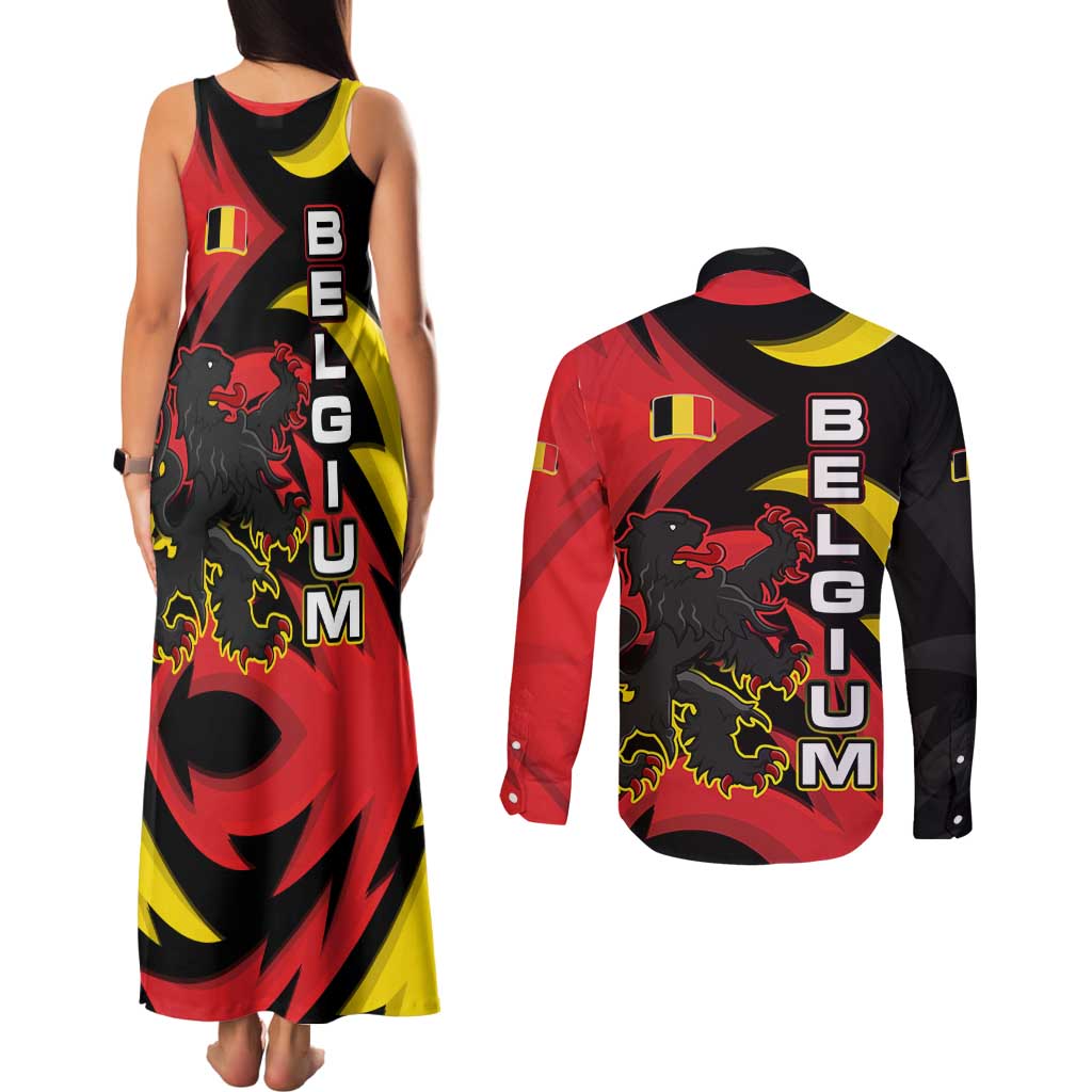 Belgium Couples Matching Tank Maxi Dress and Long Sleeve Button Shirt with Black Red Lion Crest Flag Flame Spirit