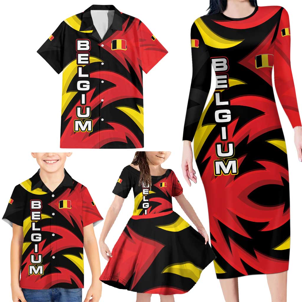 Belgium Family Matching Long Sleeve Bodycon Dress and Hawaiian Shirt with Black Red Lion Crest Flag Flame Spirit