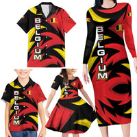 Belgium Family Matching Long Sleeve Bodycon Dress and Hawaiian Shirt with Black Red Lion Crest Flag Flame Spirit