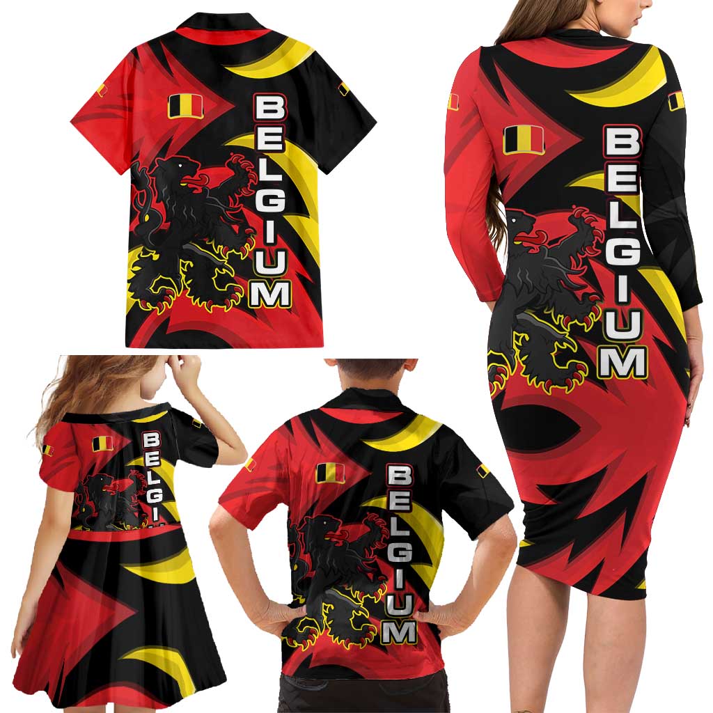Belgium Family Matching Long Sleeve Bodycon Dress and Hawaiian Shirt with Black Red Lion Crest Flag Flame Spirit