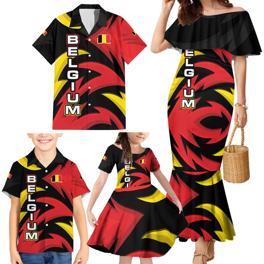 Belgium Family Matching Mermaid Dress and Hawaiian Shirt with Black Red Lion Crest Flag Flame Spirit