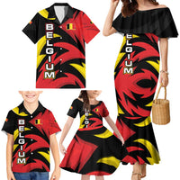 Belgium Family Matching Mermaid Dress and Hawaiian Shirt with Black Red Lion Crest Flag Flame Spirit