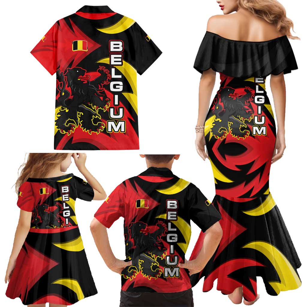 Belgium Family Matching Mermaid Dress and Hawaiian Shirt with Black Red Lion Crest Flag Flame Spirit