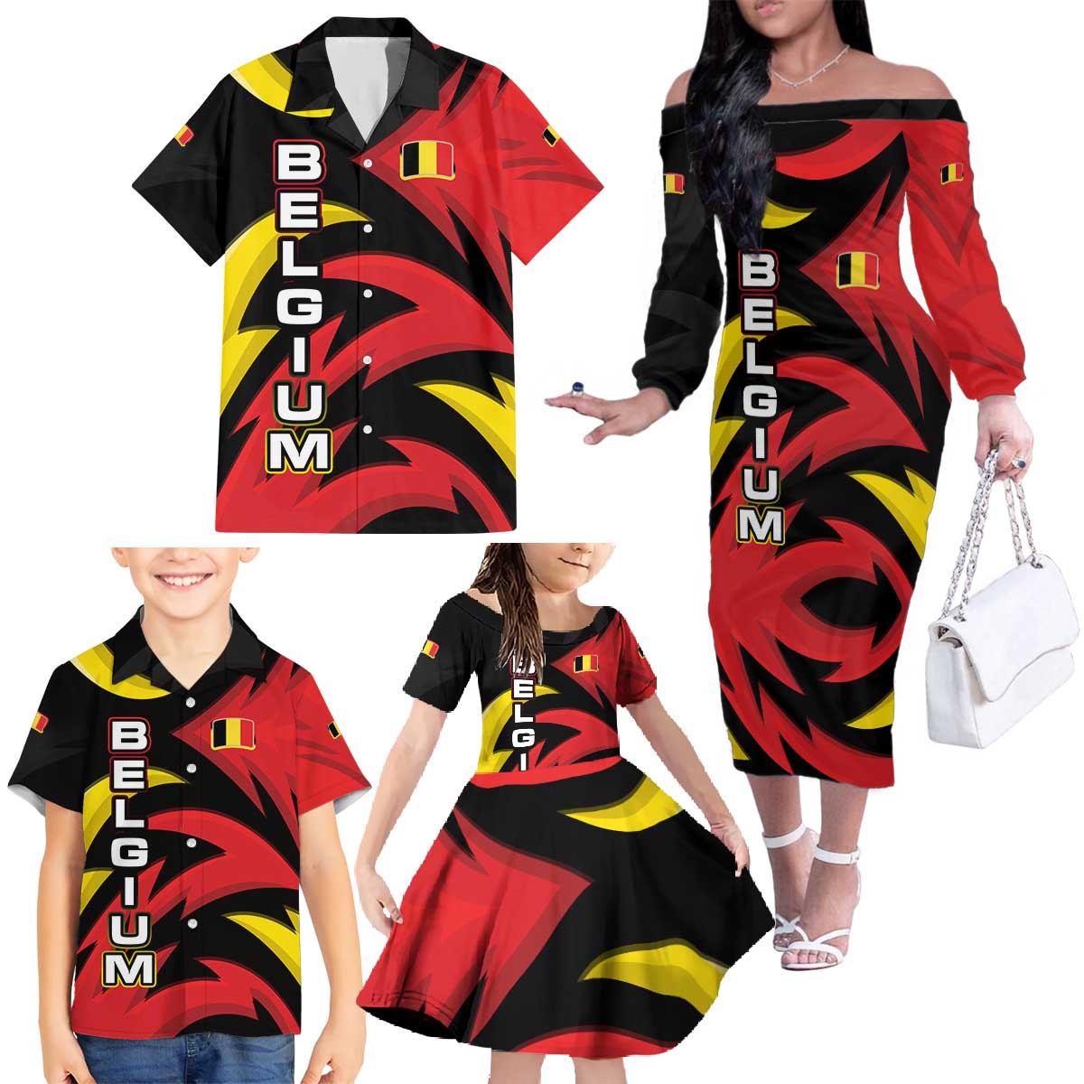 Belgium Family Matching Off The Shoulder Long Sleeve Dress and Hawaiian Shirt with Black Red Lion Crest Flag Flame Spirit