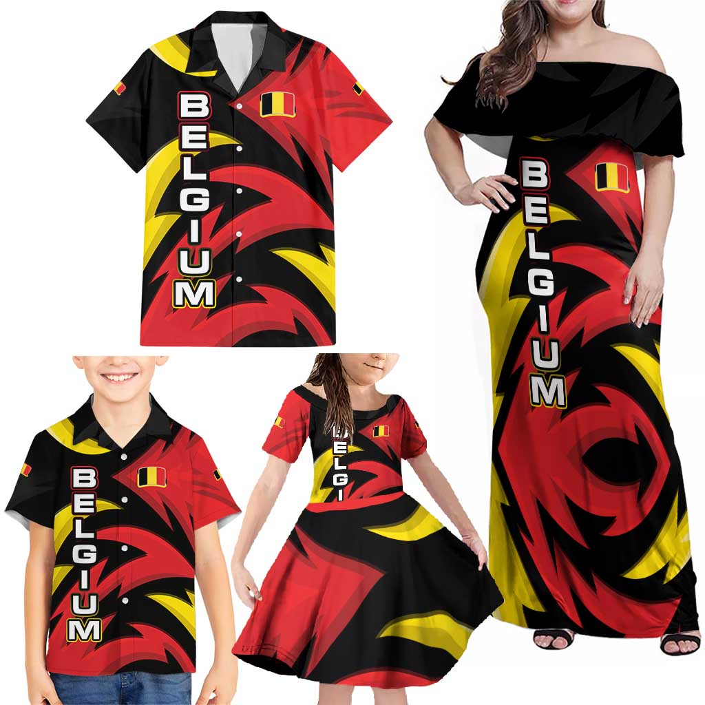 Belgium Family Matching Off Shoulder Maxi Dress and Hawaiian Shirt with Black Red Lion Crest Flag Flame Spirit