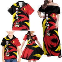 Belgium Family Matching Off Shoulder Maxi Dress and Hawaiian Shirt with Black Red Lion Crest Flag Flame Spirit