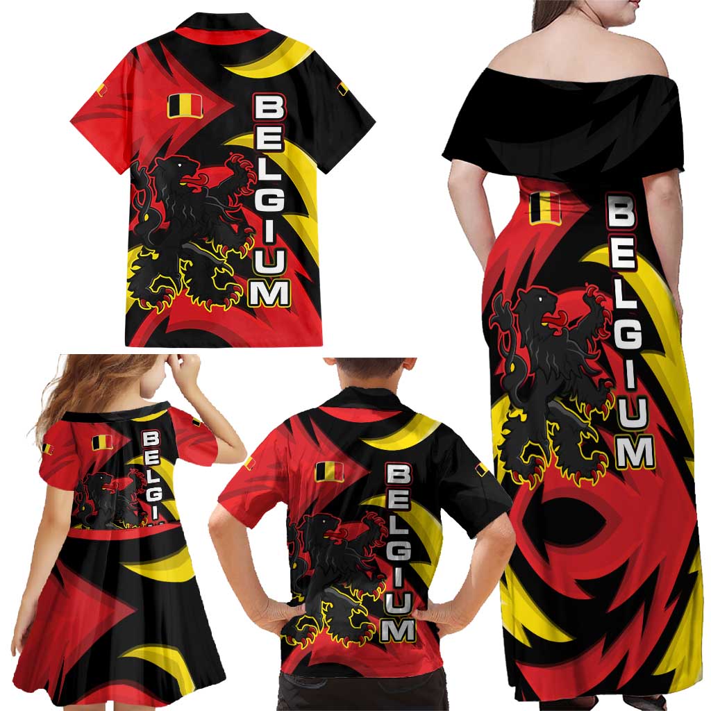 Belgium Family Matching Off Shoulder Maxi Dress and Hawaiian Shirt with Black Red Lion Crest Flag Flame Spirit
