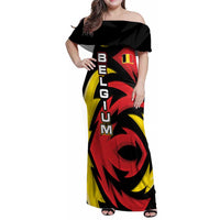 Belgium Family Matching Off Shoulder Maxi Dress and Hawaiian Shirt with Black Red Lion Crest Flag Flame Spirit