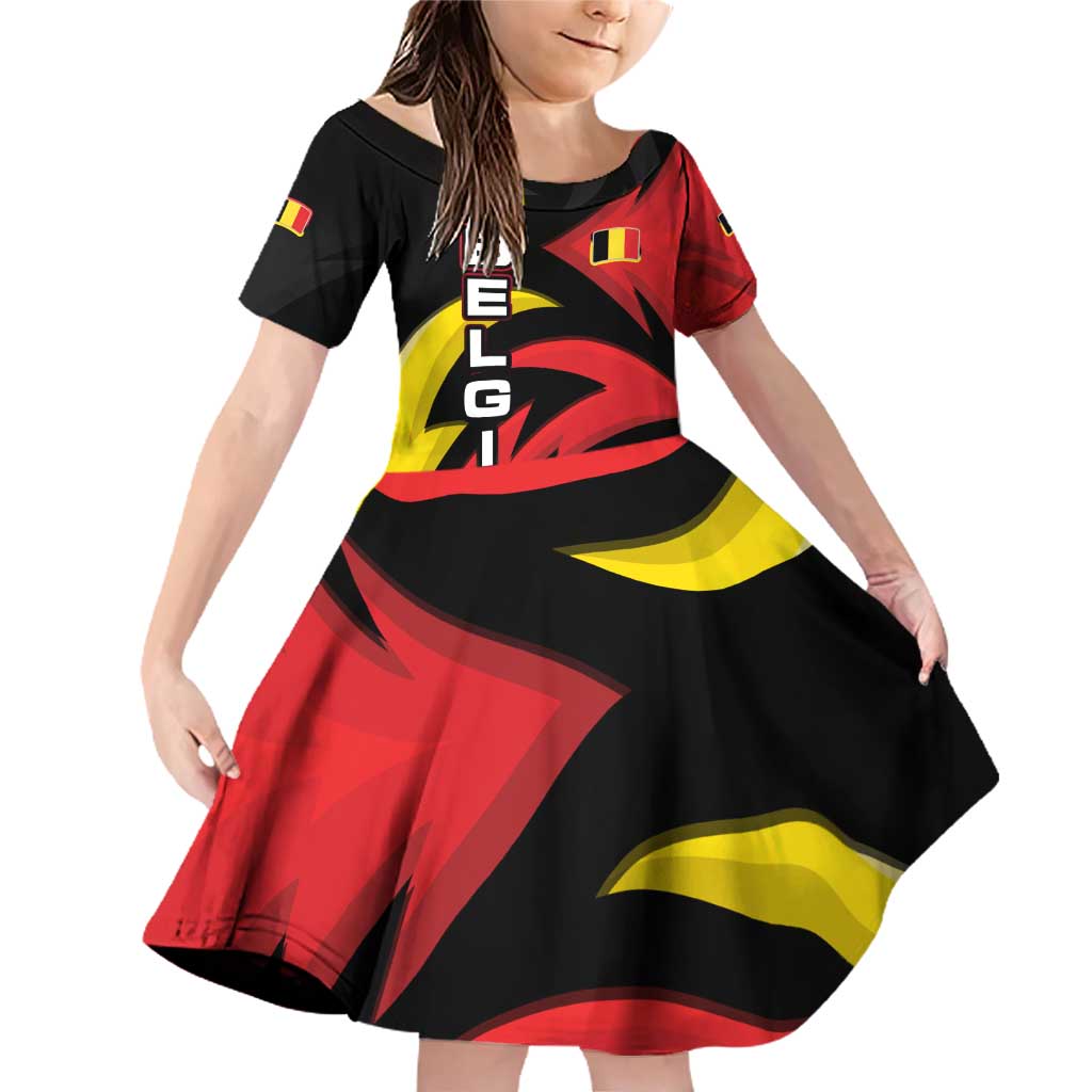Belgium Family Matching Off Shoulder Short Dress and Hawaiian Shirt with Black Red Lion Crest Flag Flame Spirit