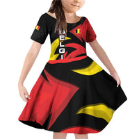Belgium Family Matching Off Shoulder Short Dress and Hawaiian Shirt with Black Red Lion Crest Flag Flame Spirit