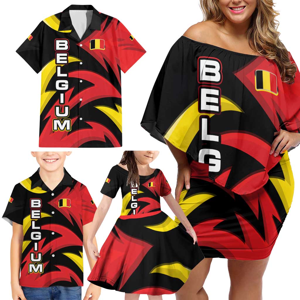 Belgium Family Matching Off Shoulder Short Dress and Hawaiian Shirt with Black Red Lion Crest Flag Flame Spirit