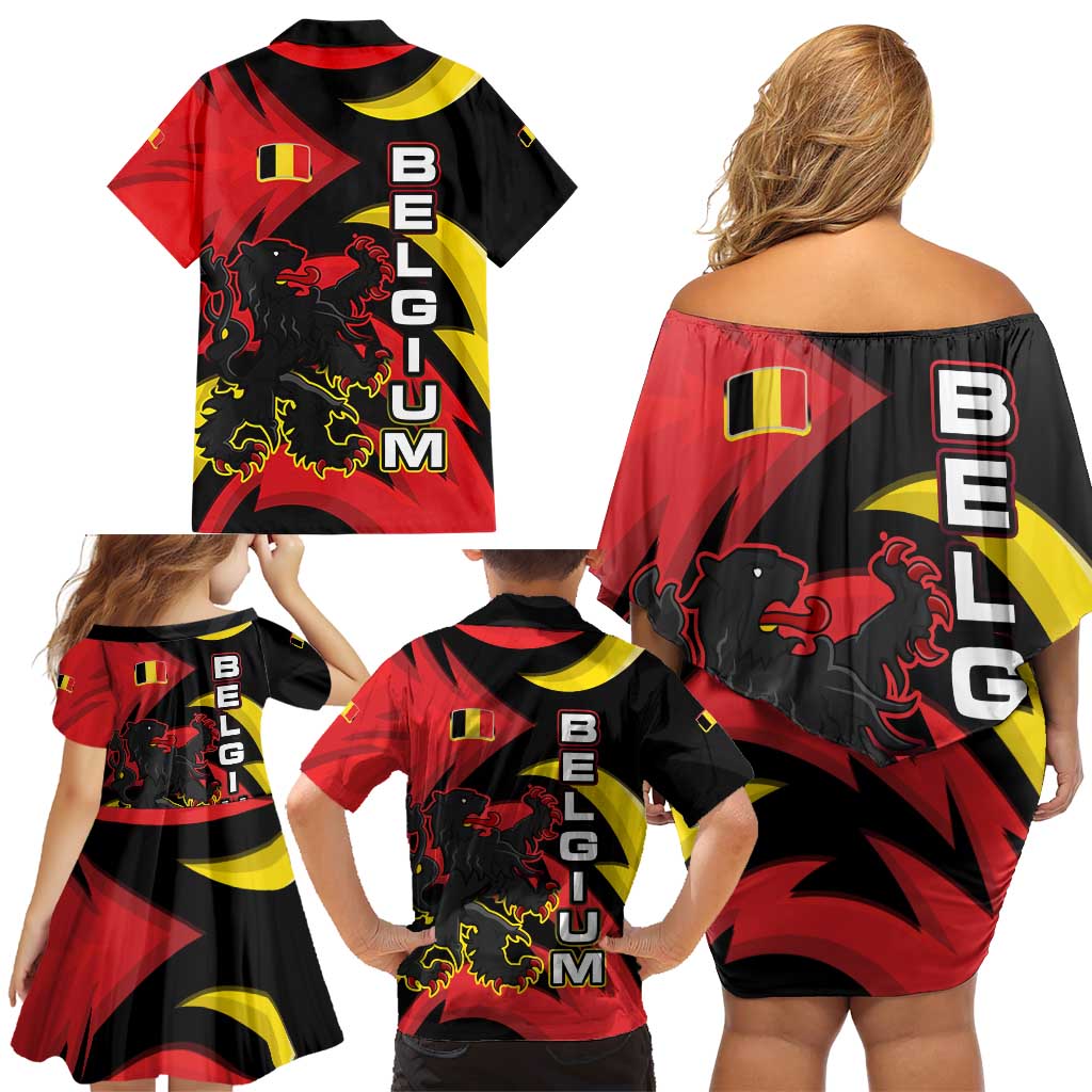 Belgium Family Matching Off Shoulder Short Dress and Hawaiian Shirt with Black Red Lion Crest Flag Flame Spirit