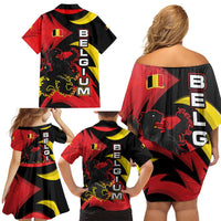 Belgium Family Matching Off Shoulder Short Dress and Hawaiian Shirt with Black Red Lion Crest Flag Flame Spirit
