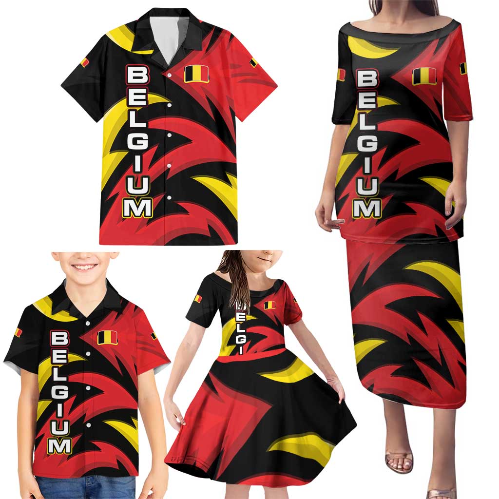 Belgium Family Matching Puletasi and Hawaiian Shirt with Black Red Lion Crest Flag Flame Spirit