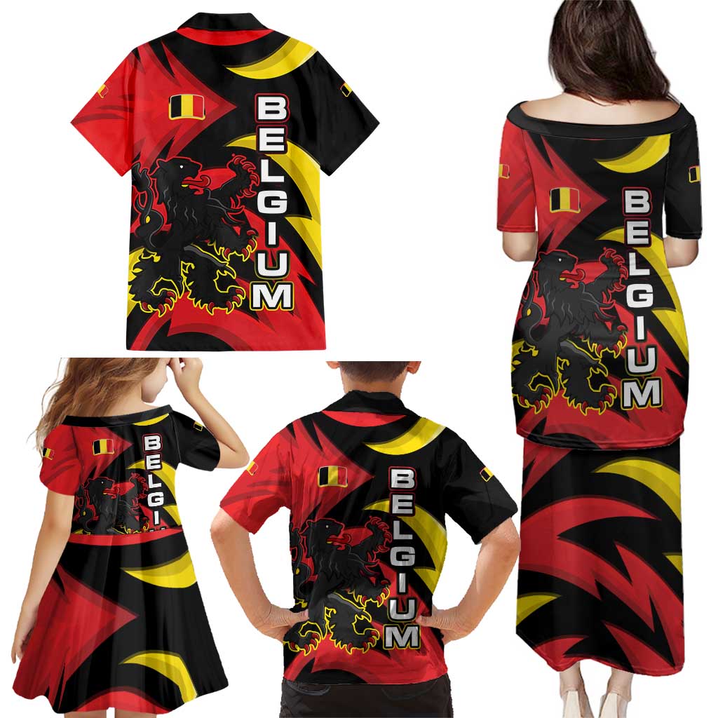 Belgium Family Matching Puletasi and Hawaiian Shirt with Black Red Lion Crest Flag Flame Spirit