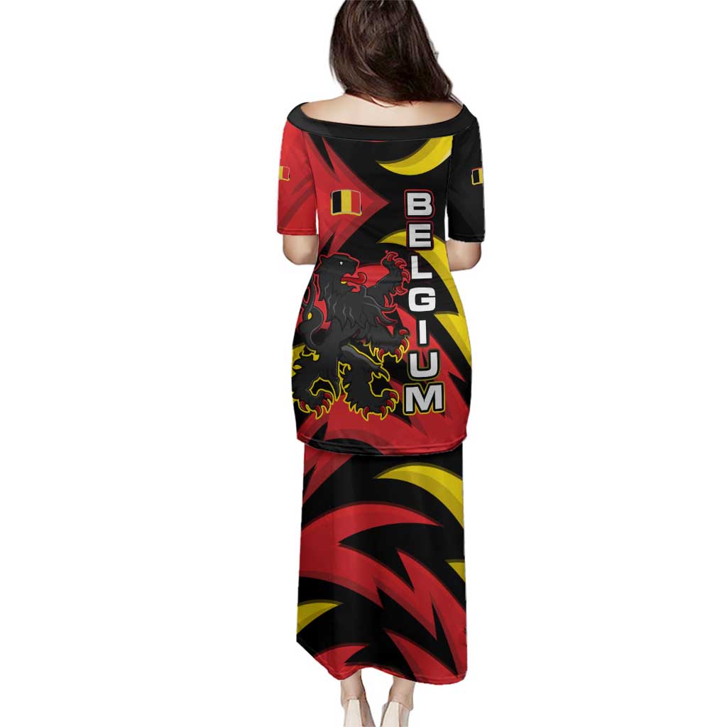 Belgium Family Matching Puletasi and Hawaiian Shirt with Black Red Lion Crest Flag Flame Spirit