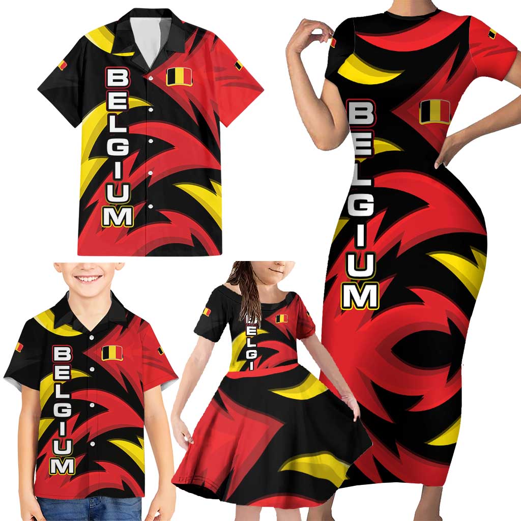 Belgium Family Matching Short Sleeve Bodycon Dress and Hawaiian Shirt with Black Red Lion Crest Flag Flame Spirit