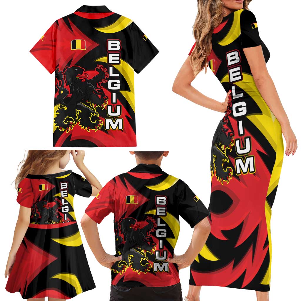 Belgium Family Matching Short Sleeve Bodycon Dress and Hawaiian Shirt with Black Red Lion Crest Flag Flame Spirit