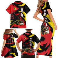 Belgium Family Matching Short Sleeve Bodycon Dress and Hawaiian Shirt with Black Red Lion Crest Flag Flame Spirit