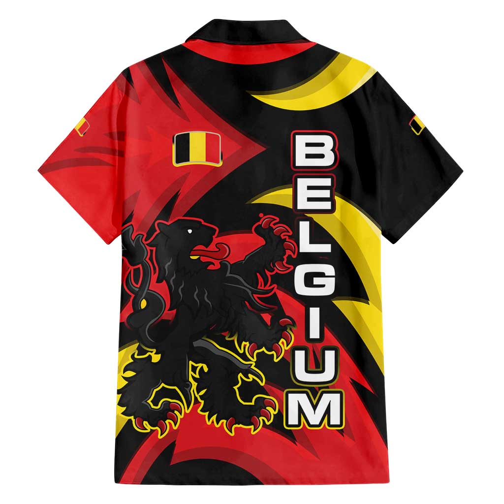 Belgium Family Matching Short Sleeve Bodycon Dress and Hawaiian Shirt with Black Red Lion Crest Flag Flame Spirit
