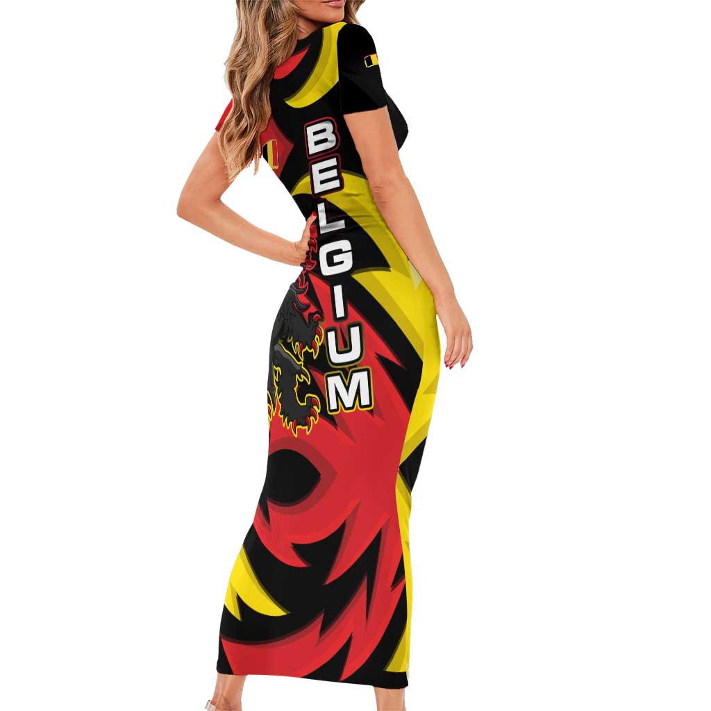 Belgium Family Matching Short Sleeve Bodycon Dress and Hawaiian Shirt with Black Red Lion Crest Flag Flame Spirit