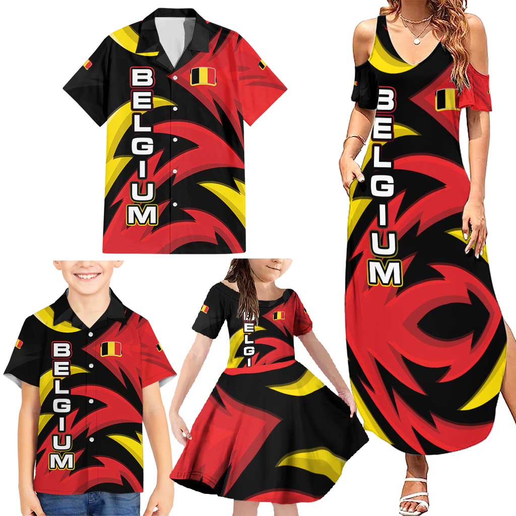 Belgium Family Matching Summer Maxi Dress and Hawaiian Shirt with Black Red Lion Crest Flag Flame Spirit