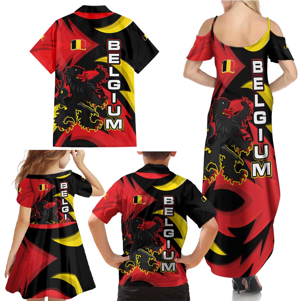 Belgium Family Matching Summer Maxi Dress and Hawaiian Shirt with Black Red Lion Crest Flag Flame Spirit