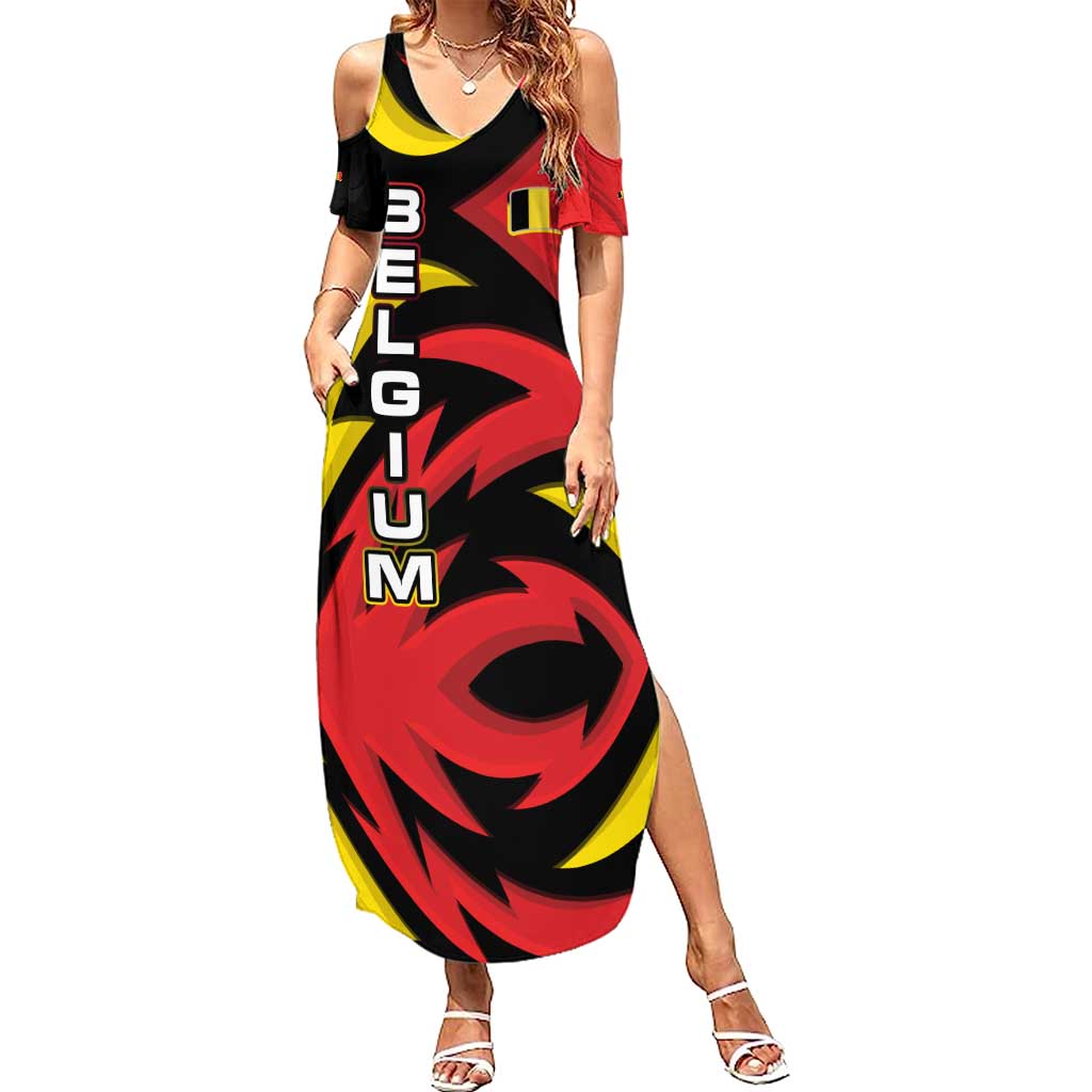 Belgium Family Matching Summer Maxi Dress and Hawaiian Shirt with Black Red Lion Crest Flag Flame Spirit