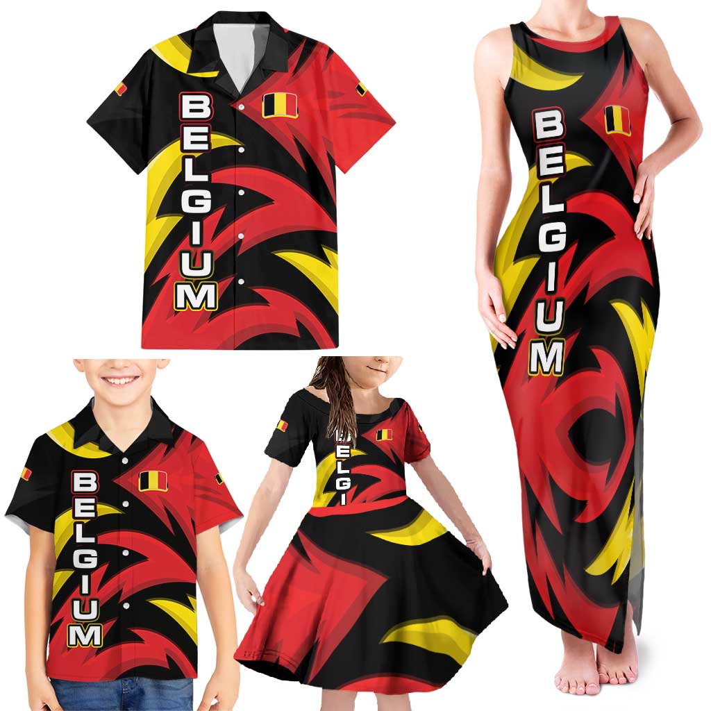 Belgium Family Matching Tank Maxi Dress and Hawaiian Shirt with Black Red Lion Crest Flag Flame Spirit