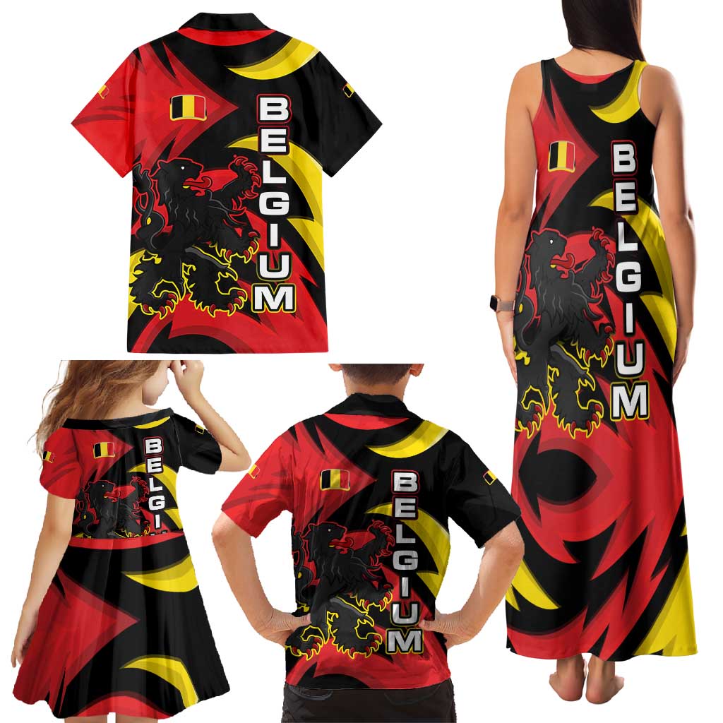 Belgium Family Matching Tank Maxi Dress and Hawaiian Shirt with Black Red Lion Crest Flag Flame Spirit