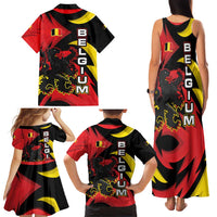 Belgium Family Matching Tank Maxi Dress and Hawaiian Shirt with Black Red Lion Crest Flag Flame Spirit