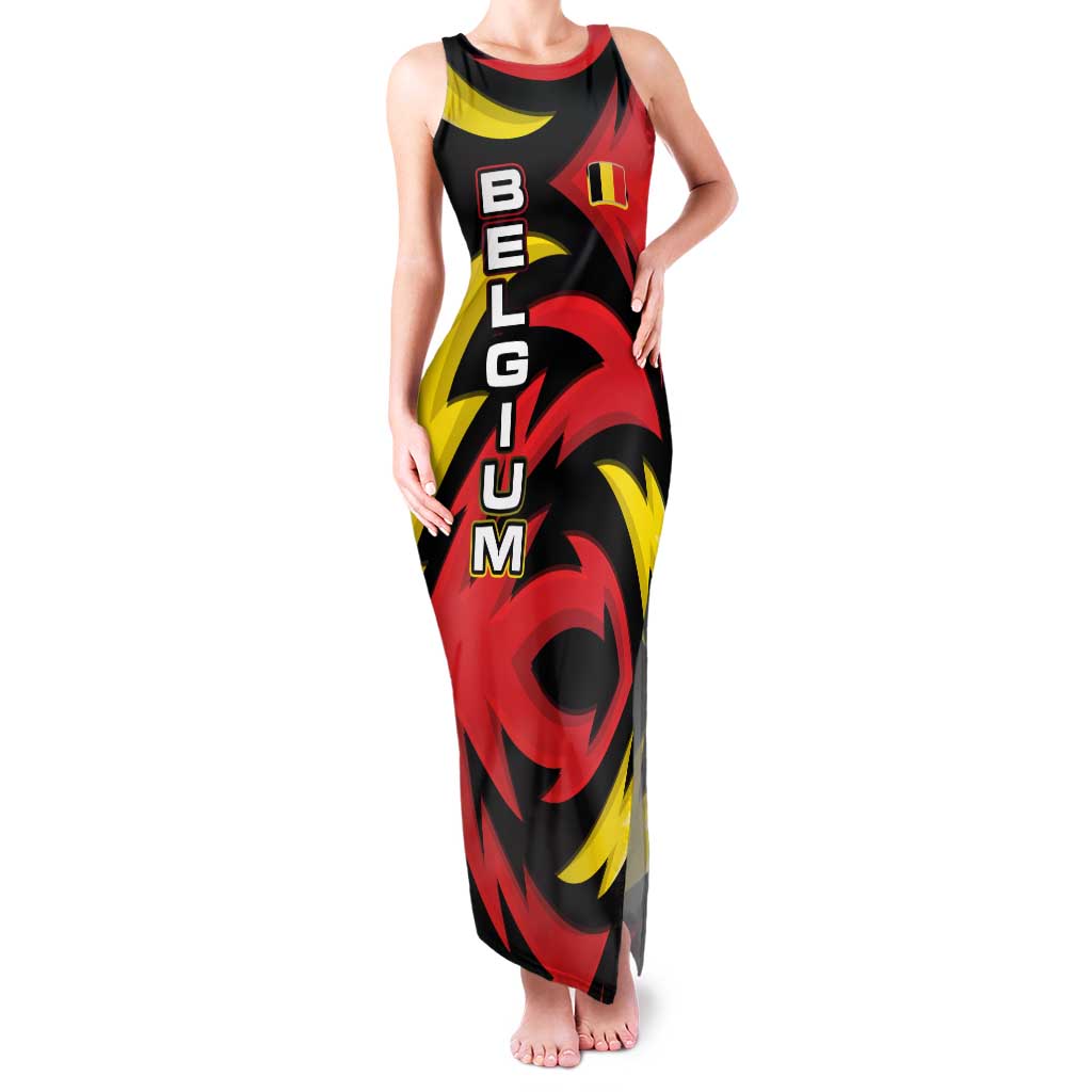Belgium Family Matching Tank Maxi Dress and Hawaiian Shirt with Black Red Lion Crest Flag Flame Spirit