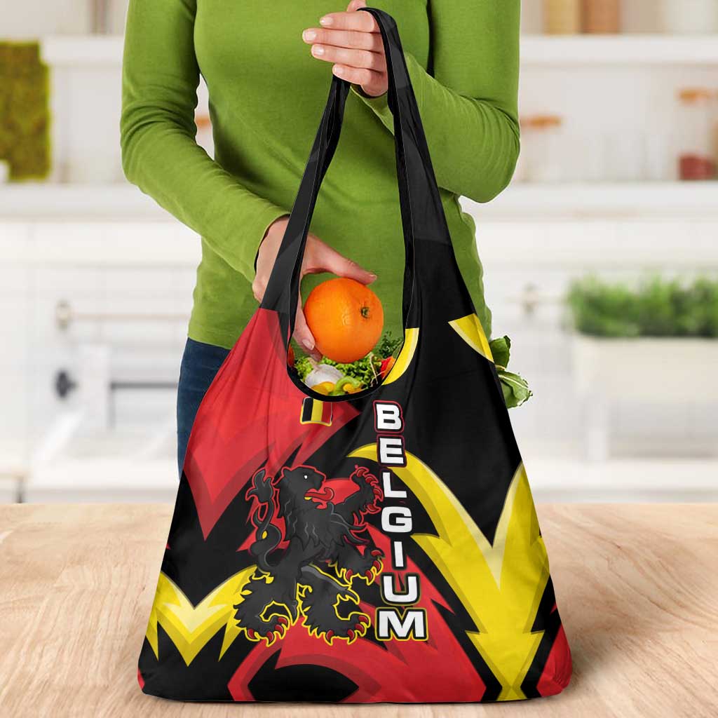Belgium Grocery Bag with Black Red Lion Crest Flag Flame Spirit