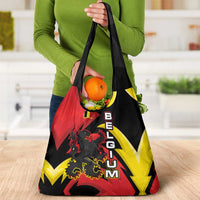 Belgium Grocery Bag with Black Red Lion Crest Flag Flame Spirit