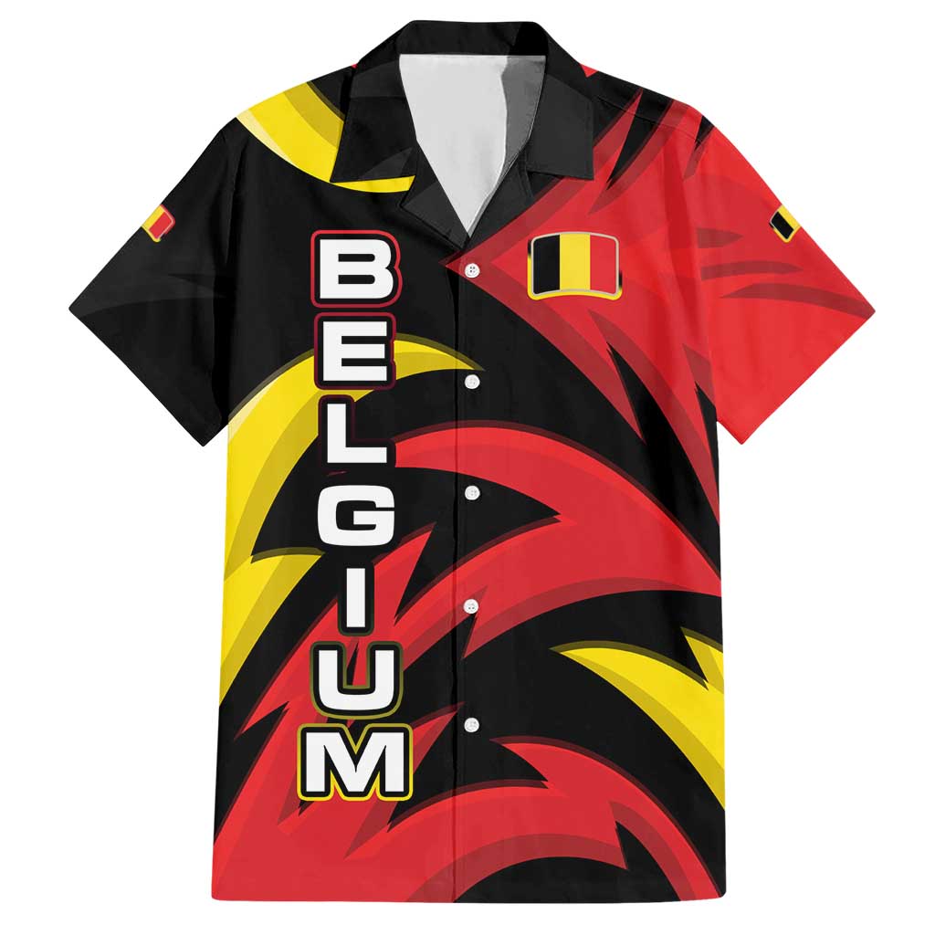 Belgium Hawaiian Shirt with Black Red Lion Crest Flag Flame Spirit