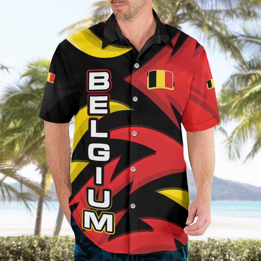 Belgium Hawaiian Shirt with Black Red Lion Crest Flag Flame Spirit