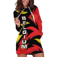 Belgium Hoodie Dress with Black Red Lion Crest Flag Flame Spirit