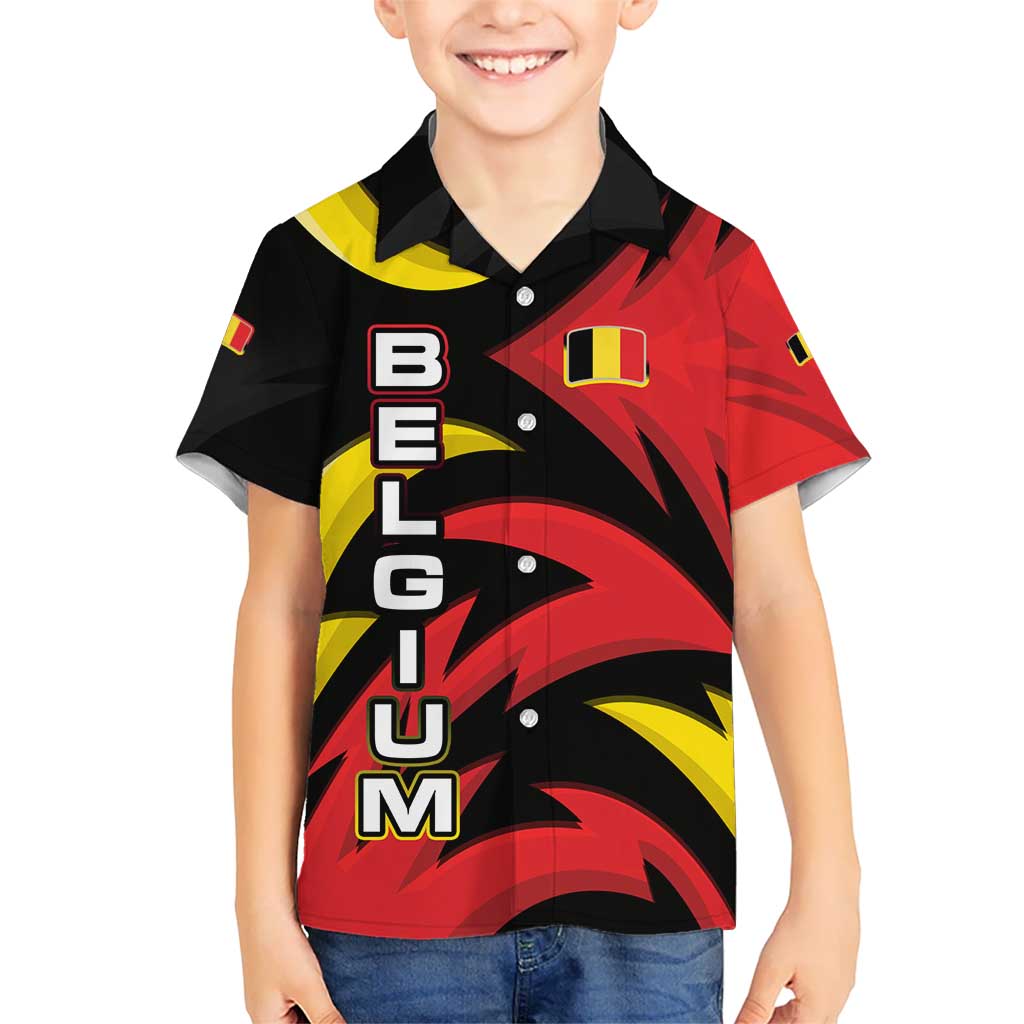 Belgium Kid Hawaiian Shirt with Black Red Lion Crest Flag Flame Spirit