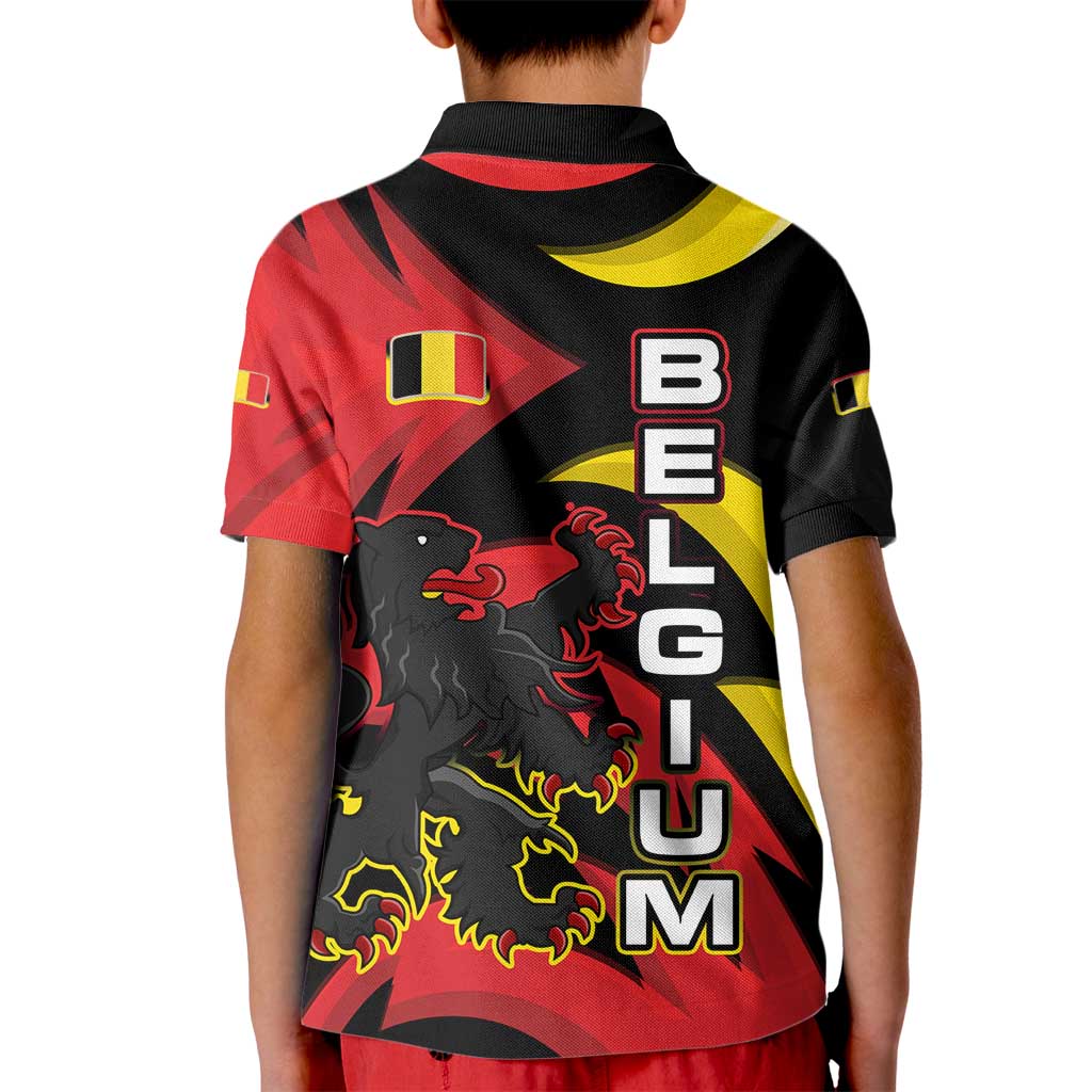 Belgium Kid Polo Shirt with Black Red Lion Crest Flag Flame Spirit