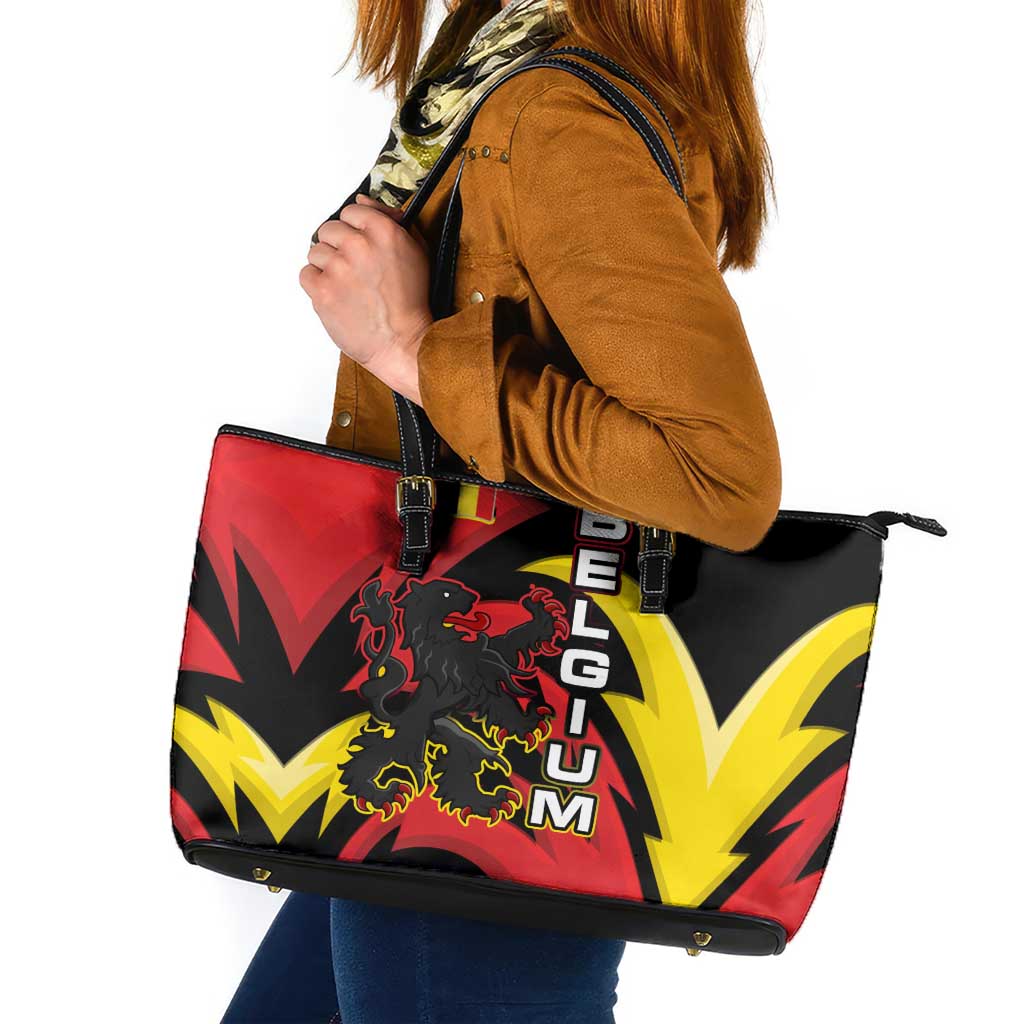 Belgium Leather Tote Bag with Black Red Lion Crest Flag Flame Spirit
