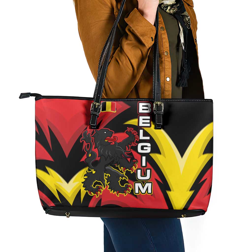 Belgium Leather Tote Bag with Black Red Lion Crest Flag Flame Spirit