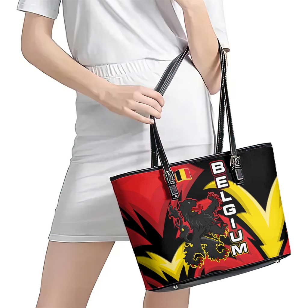 Belgium Leather Tote Bag with Black Red Lion Crest Flag Flame Spirit