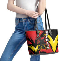 Belgium Leather Tote Bag with Black Red Lion Crest Flag Flame Spirit