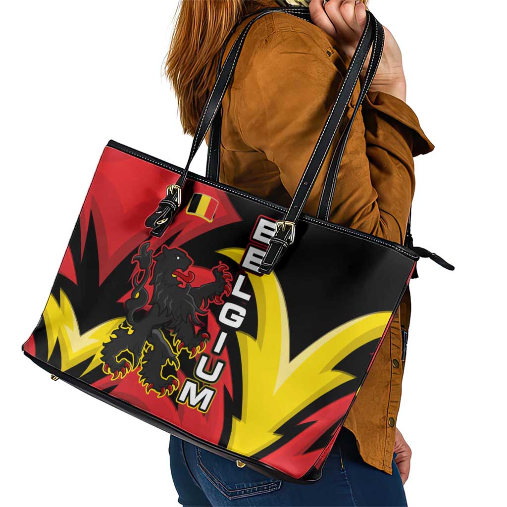 Belgium Leather Tote Bag with Black Red Lion Crest Flag Flame Spirit