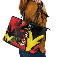 Belgium Leather Tote Bag with Black Red Lion Crest Flag Flame Spirit