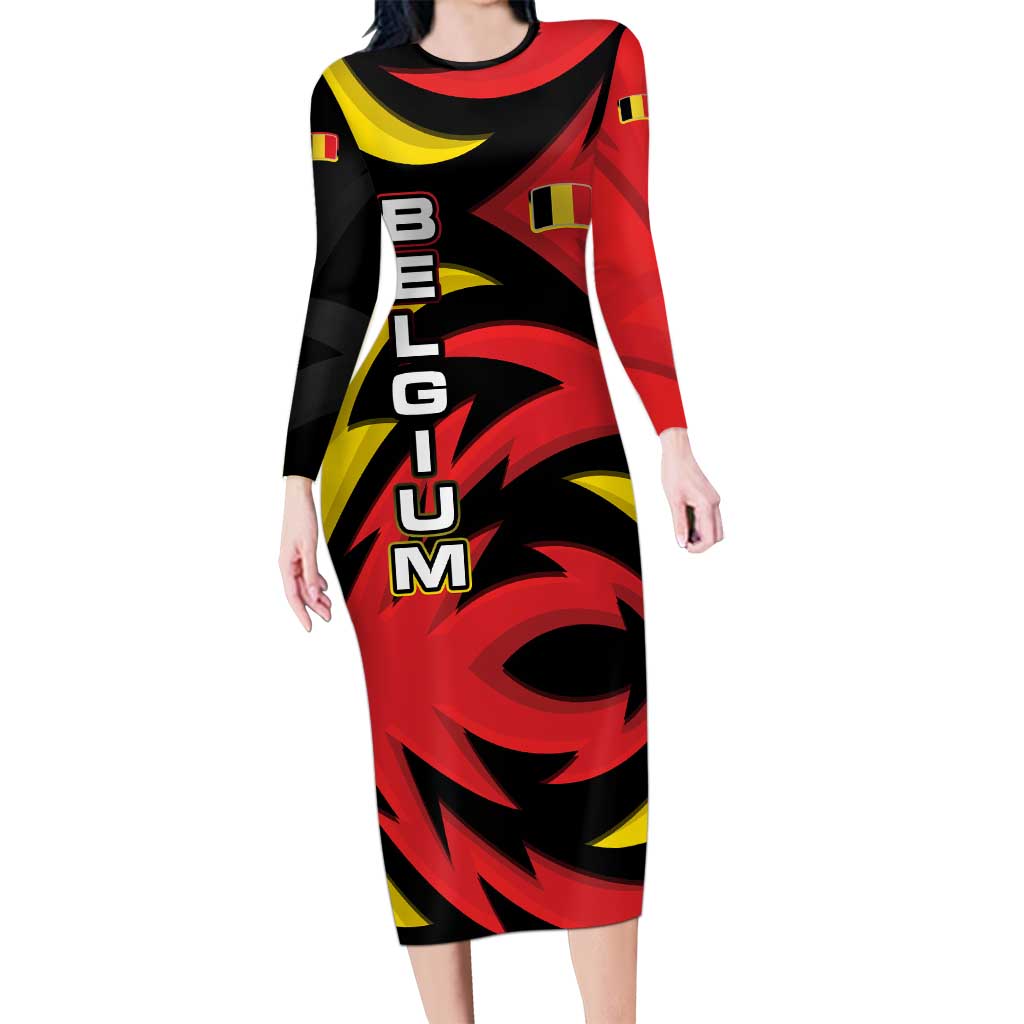 Belgium Long Sleeve Bodycon Dress with Black Red Lion Crest Flag Flame Spirit