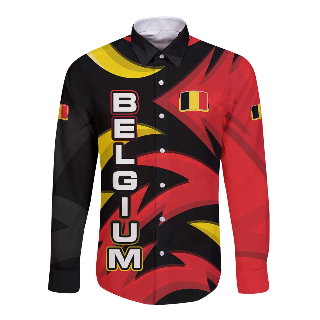 Belgium Long Sleeve Button Shirt with Black Red Lion Crest Flag Flame Spirit