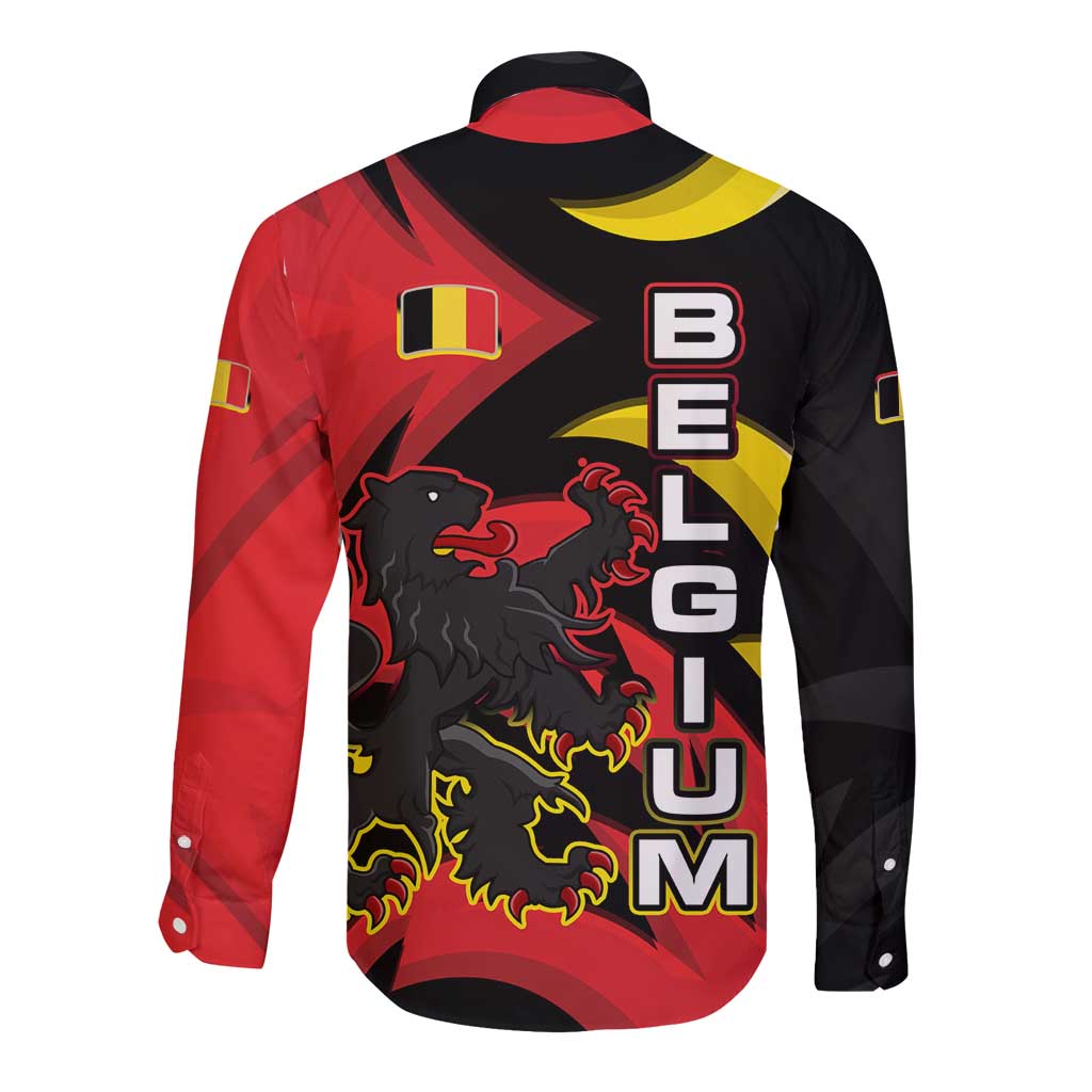 Belgium Long Sleeve Button Shirt with Black Red Lion Crest Flag Flame Spirit