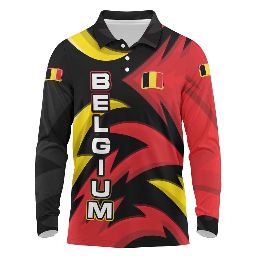 Belgium Long Sleeve Polo Shirt with Black Red Lion Crest Flag Flame Spirit