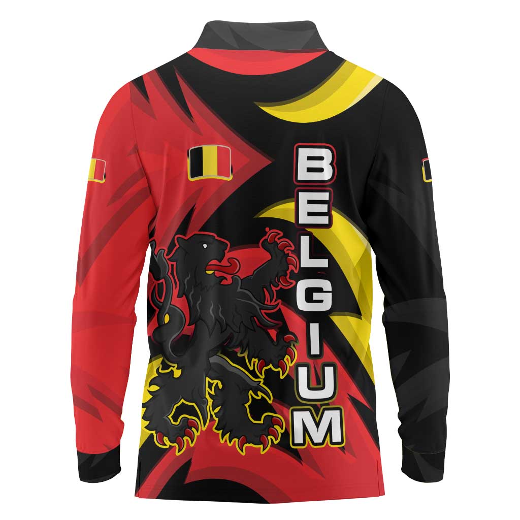 Belgium Long Sleeve Polo Shirt with Black Red Lion Crest Flag Flame Spirit